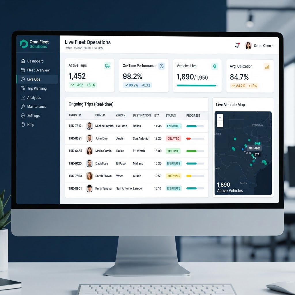 ViaRidez operations dashboard showing live trips, KPIs and fleet status