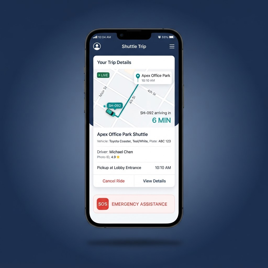 ViaRidez rider mobile app showing a live trip, ETA and SOS safety button